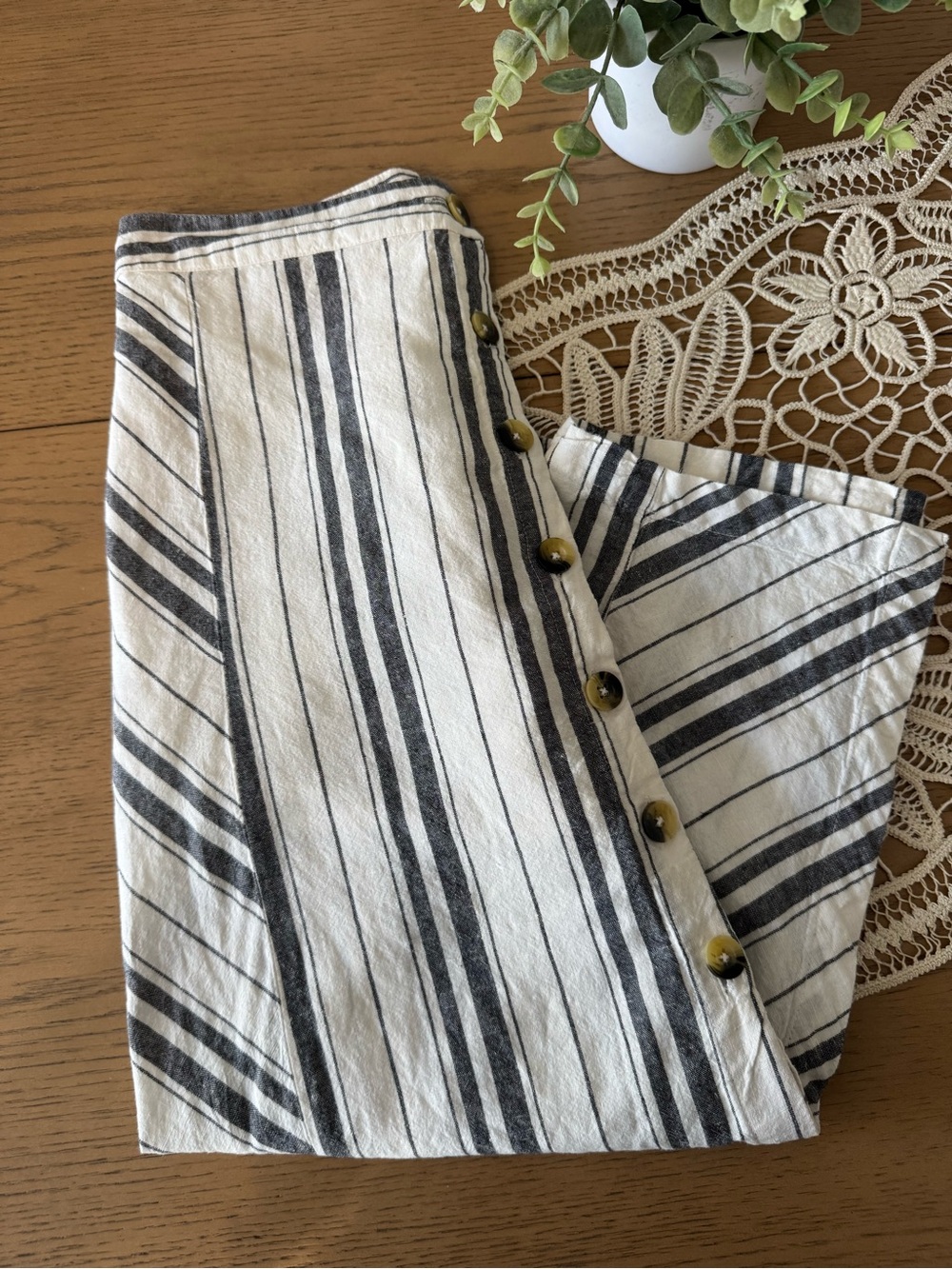 Free People Striped Linen Blend Button Front Midi Skirt Size 2 Boho Coastal